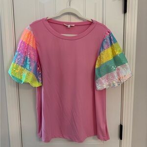 Pink Short-Sleeve Tee with Rainbow Sequin Puff Sleeves
